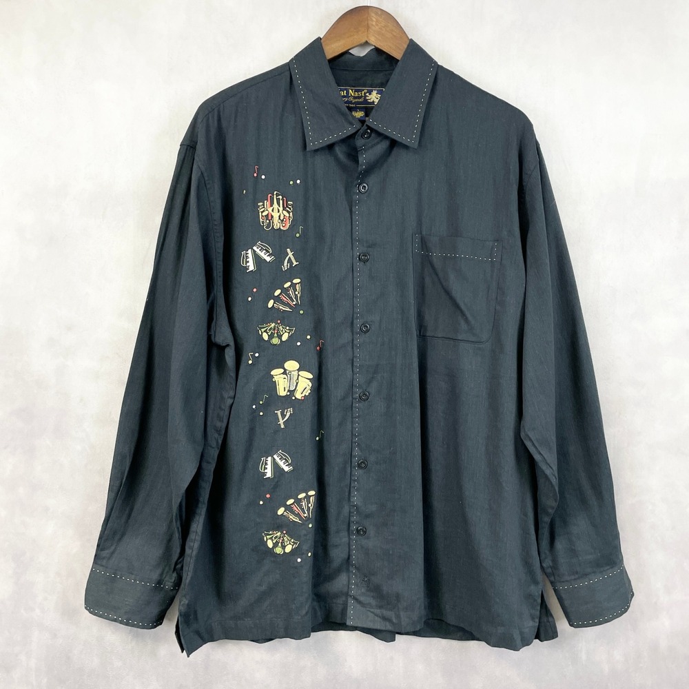 Nat Nast Mens Shirt Large Bird Yardbird Jazz Music Embroidered Lux Eclectic 143